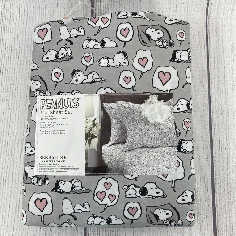 Peanuts Snoopy Sheet Set FULL Gray Sleeping Hearts Love Valentines Berkshire